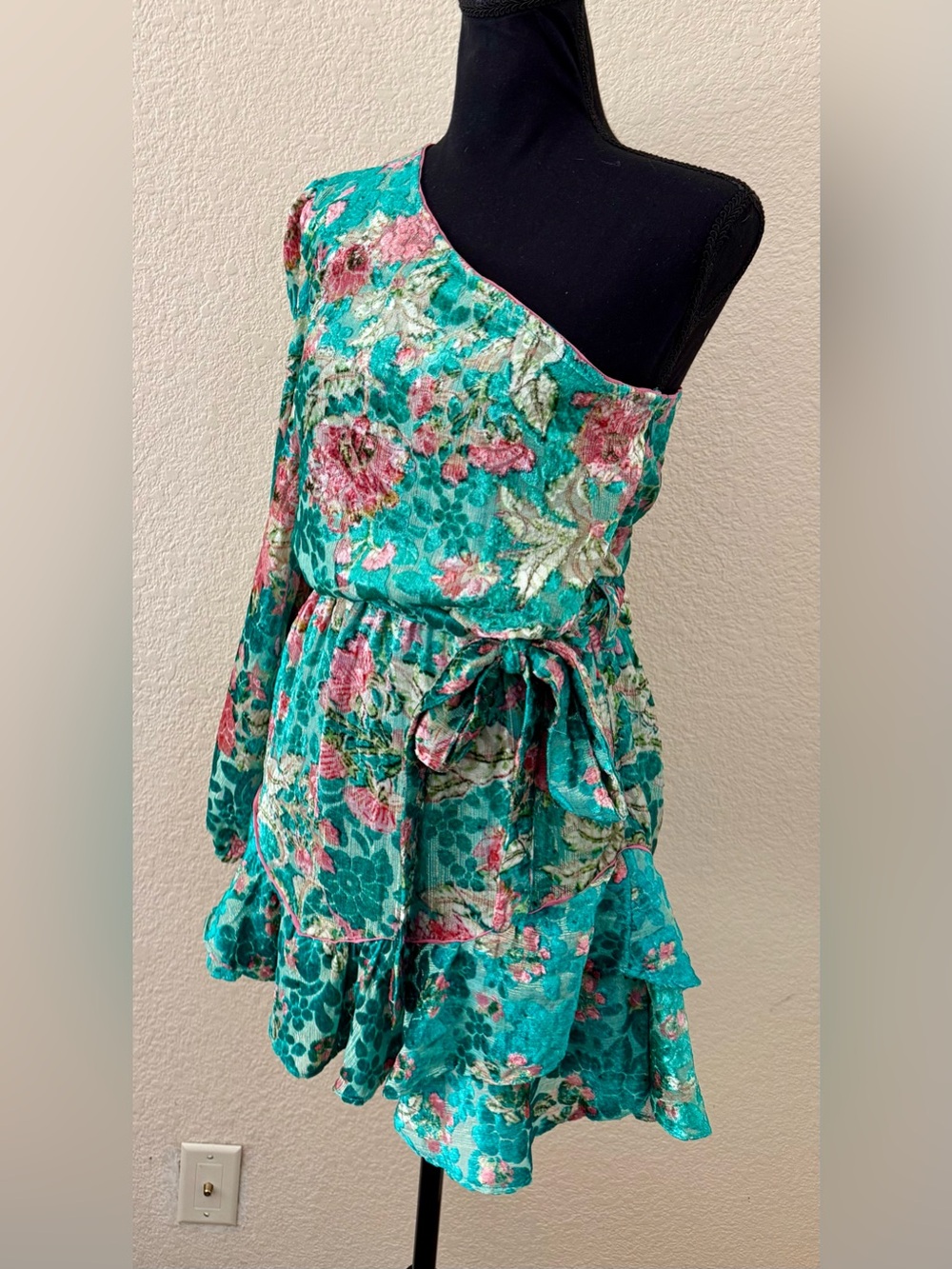 NWT Hermant & Nandita Velvet Teal Floral Metallic One Shoulder Mini Dress Med - Picture 7 of 16